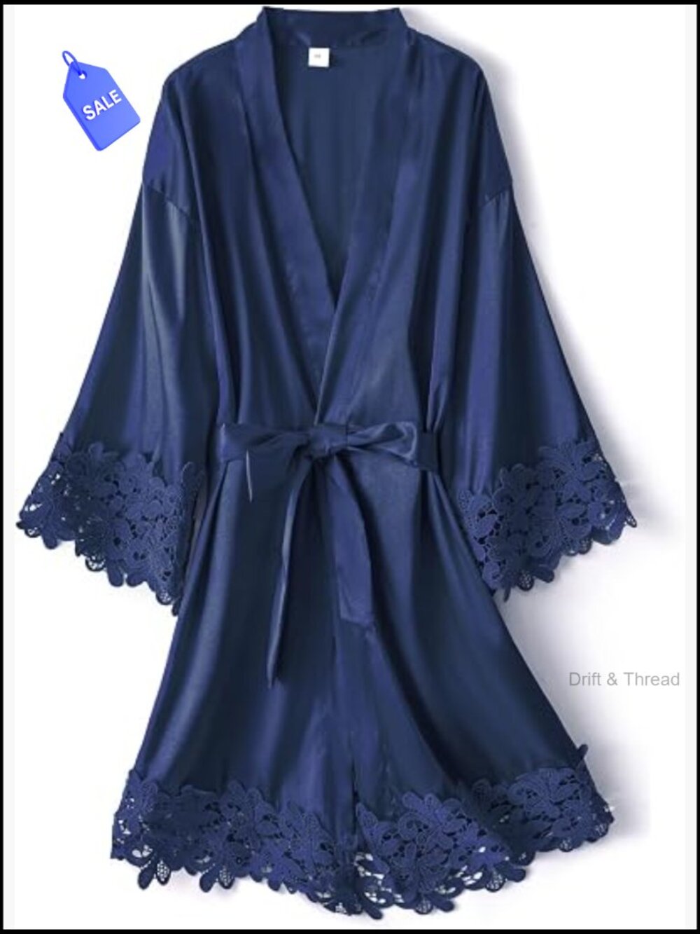 Sheer Lace Trim Short Robe Kimono Gown Silky Bathrobe